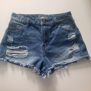 ⭐ Rewash Super High Rise Distressed Denim Shorts Blue Raw Hem Cutoff Juniors 26